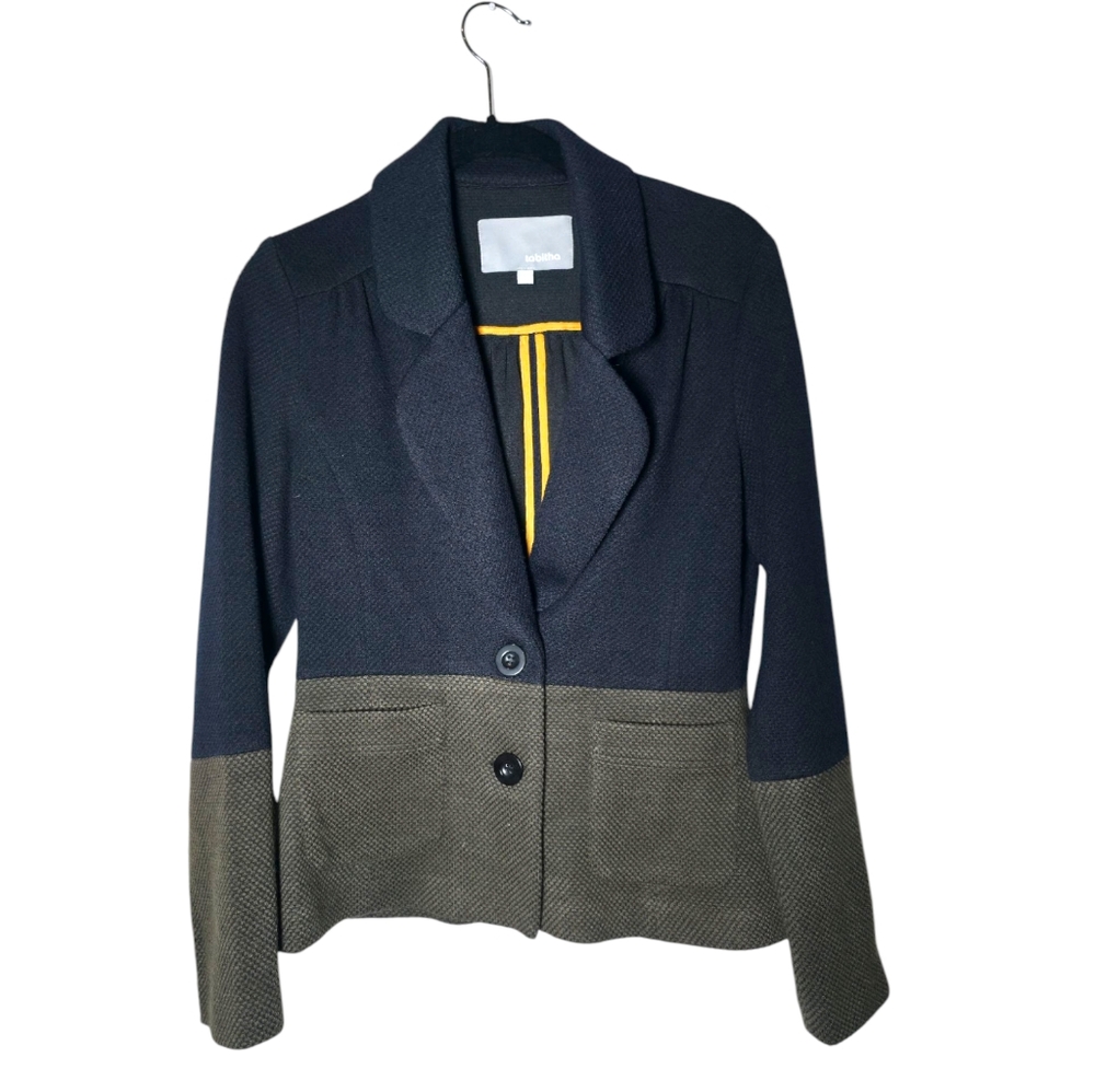 Tabitha Anthropologie Jacket Small Black Olive Colorblock Blazer Two Button Care